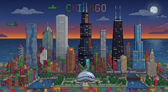 Chicago Skyline and Bean - Retro Blocks